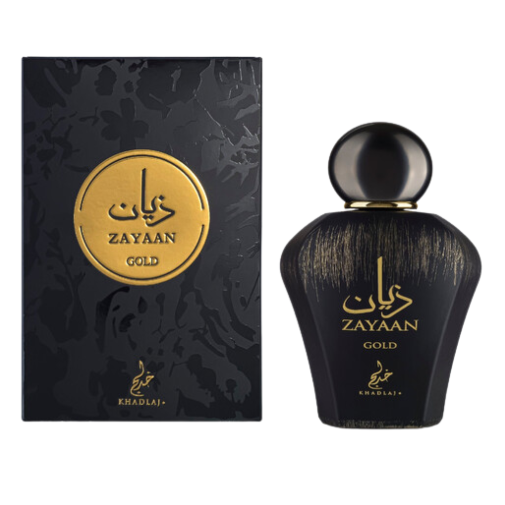 Zayaan Gold EDP black and gold elegant perfume bottle with matching box, luxury niche fragrance decant packaging