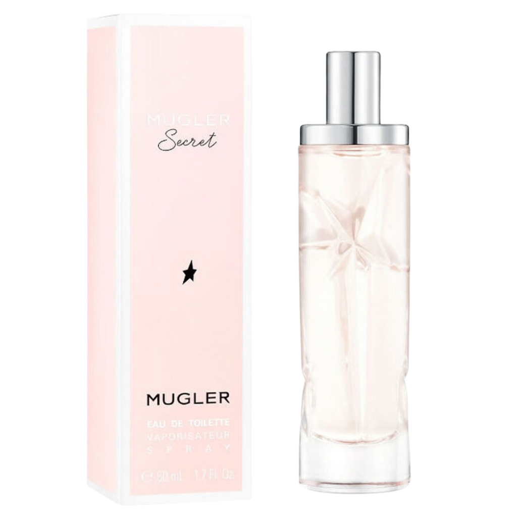 Mugler Secret EDT perfume bottle with silver cap next to pale pink packaging box featuring a star logo.