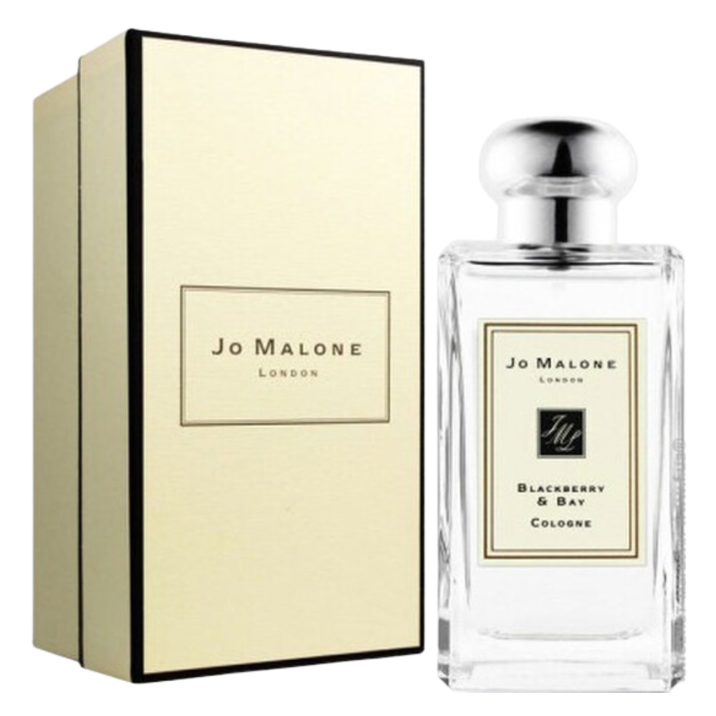 Clear glass perfume bottle with silver cap alongside beige box packaging for Blackberry & Bay EDC fragrance.