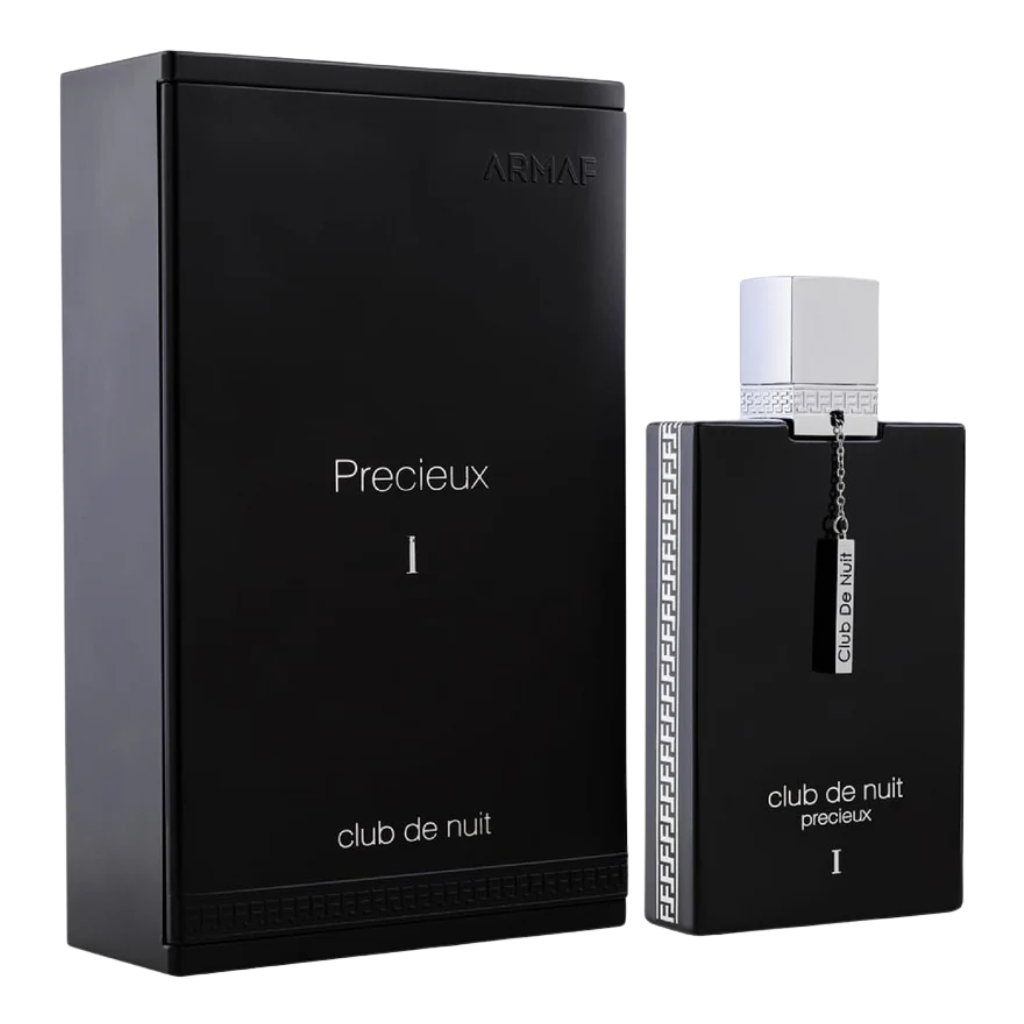 Club De Nuit Precieux 1 Extrait de Parfum bottle with black and silver design alongside its matching black box packaging