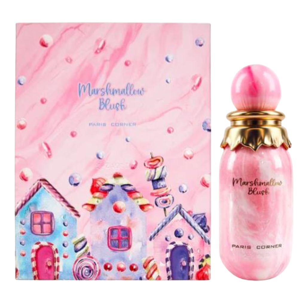 Marshmallow Blush EDP with pink and gold bottle beside whimsical candy-themed packaging design