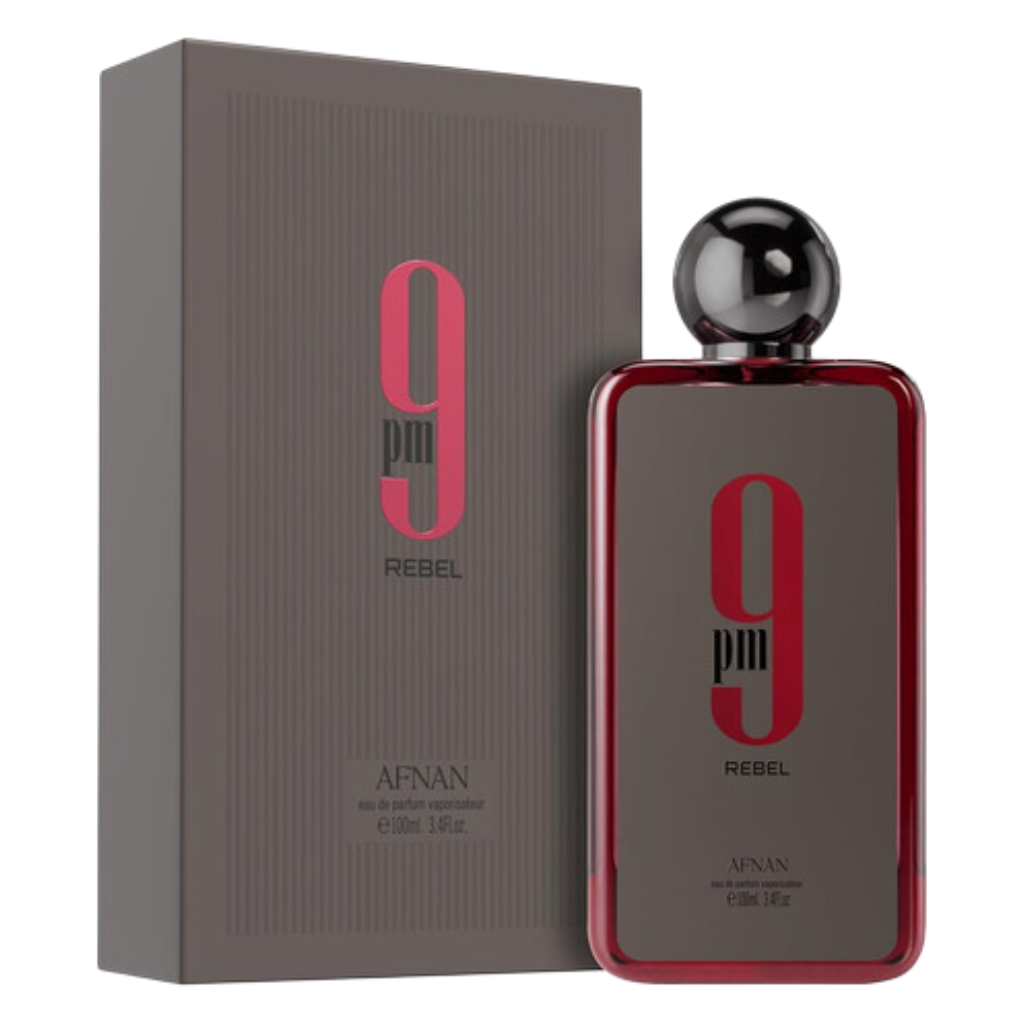 9PM Rebel EDP perfume bottle and box with sleek dark red and black stylish design by Afnan Fragrance
