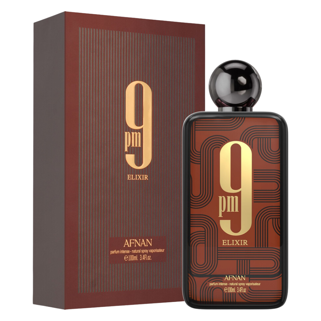 9PM Elixir Extrait de Parfum bottle with black cap beside matching brown and gold striped box packaging