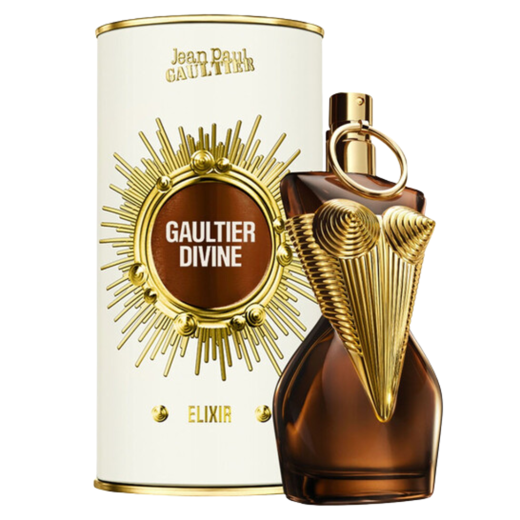 Elegant brown perfume bottle with gold corset detail next to packaging for Divine Elixir Parfum fragrance.