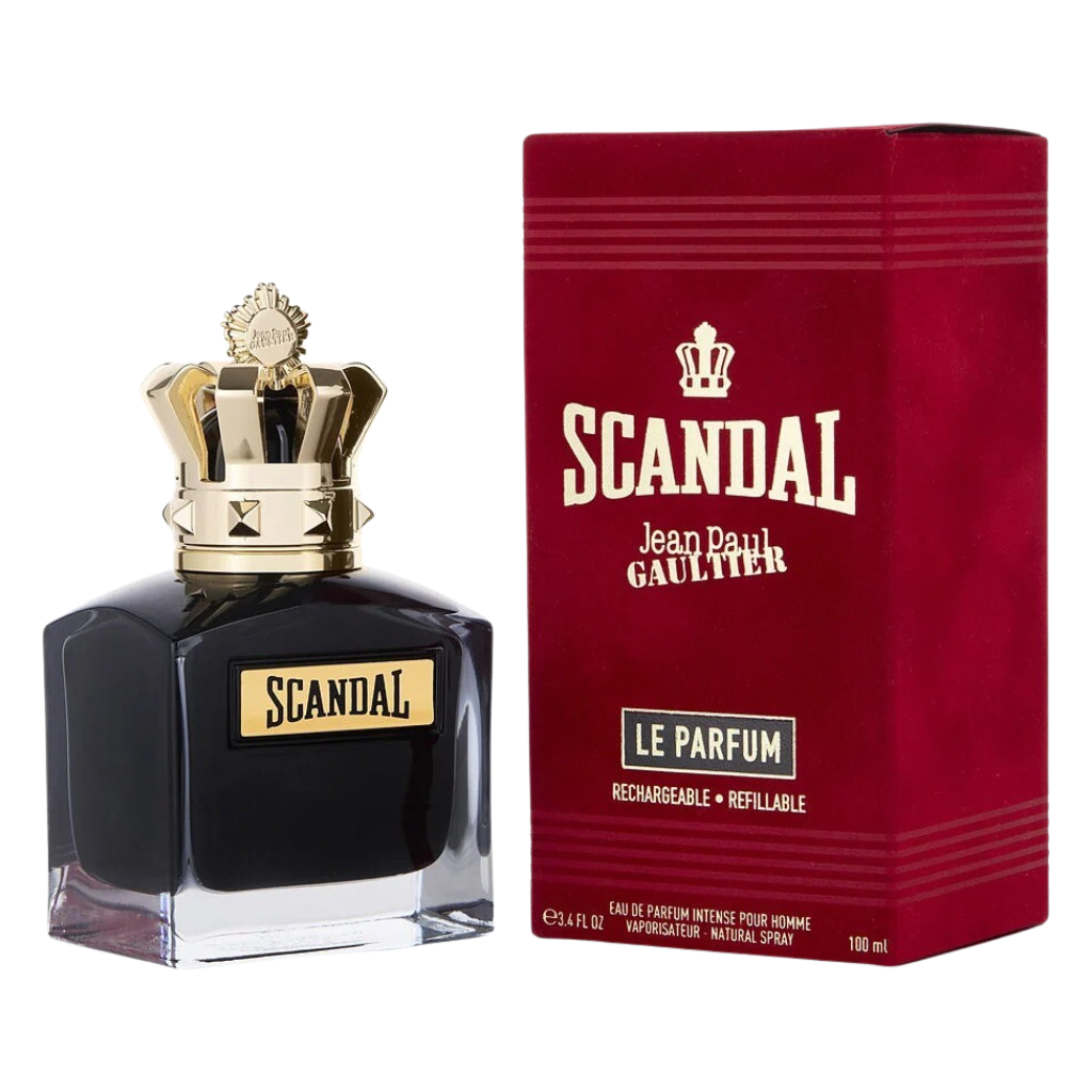 Scandal Le Parfum EDP bottle with gold crown cap beside red and gold designer packaging box