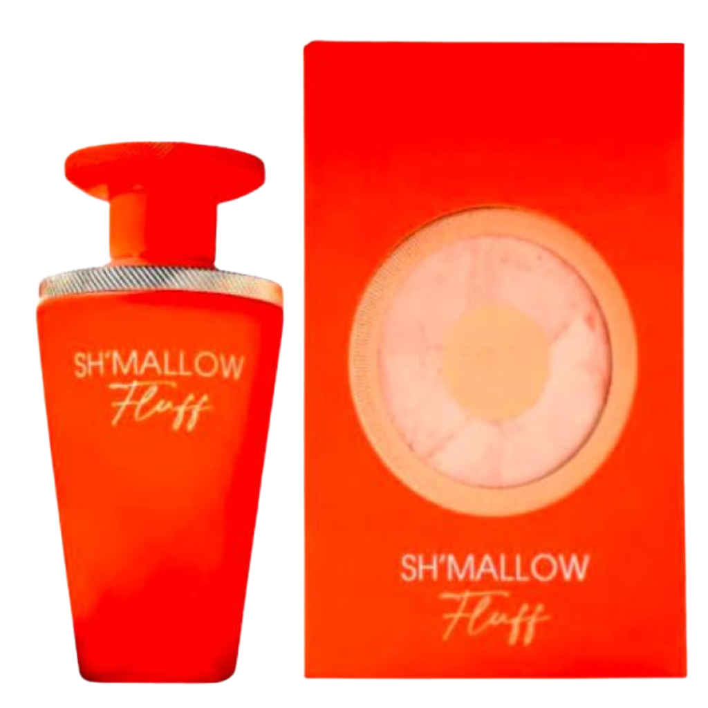 Bright red Sh'mallow Fluff EDP bottle with silver neck and matching red box featuring circular design on front