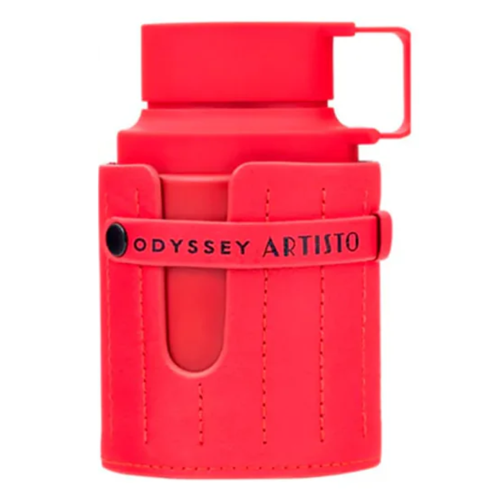 Armaf Odyssey Artisto Sp EDP in a modern red bottle with matching protective case and sleek design details.