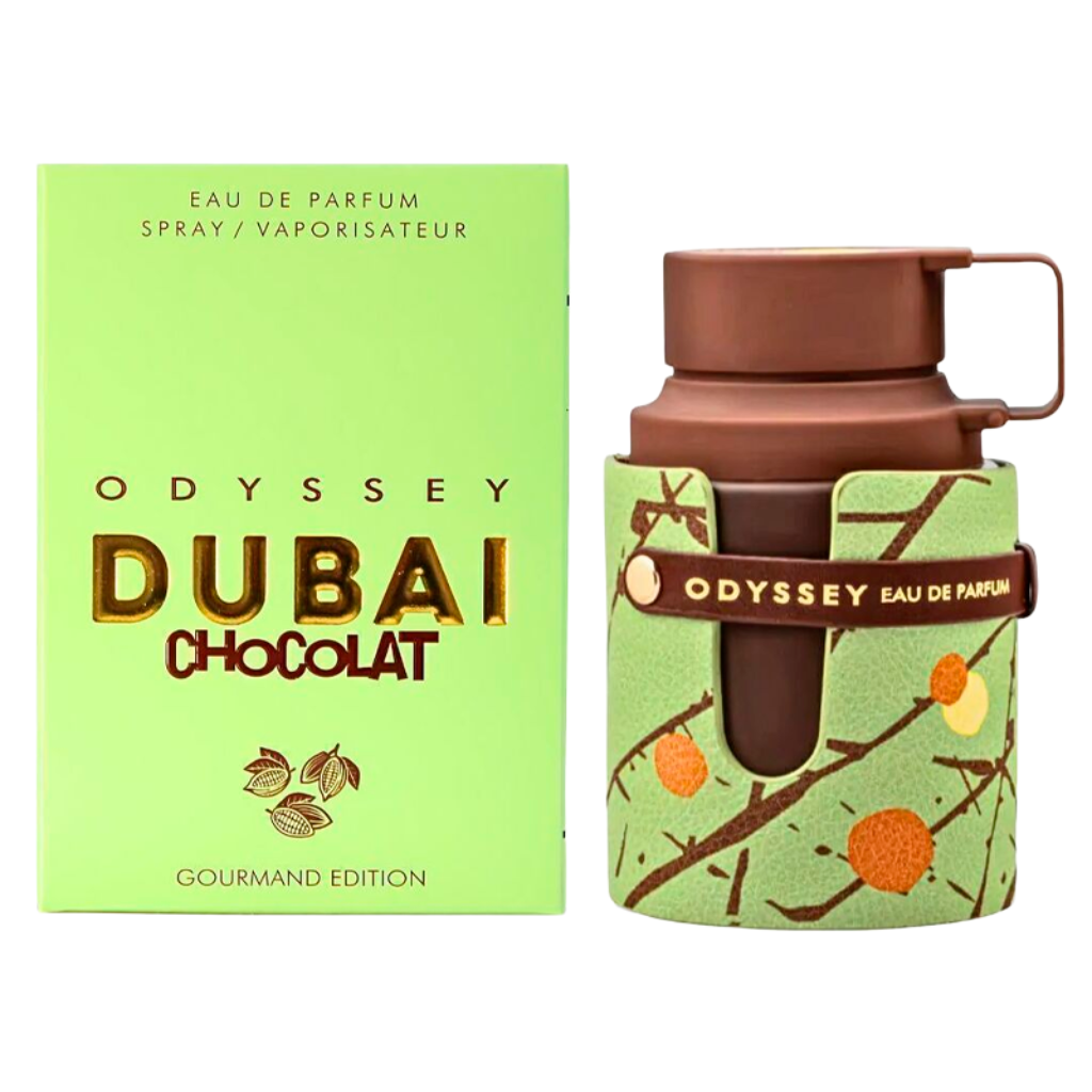 Odyssey Dubai Chocolate Gourmand EDP perfume bottle with green and brown decorative packaging and box.