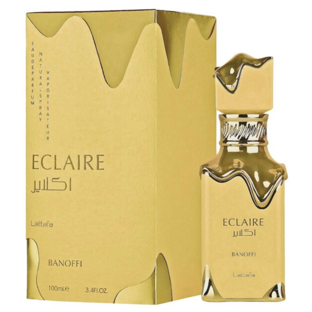 Eclaire Banoffi EDP perfume bottle and gold packaging with artistic melting design luxury fragrance