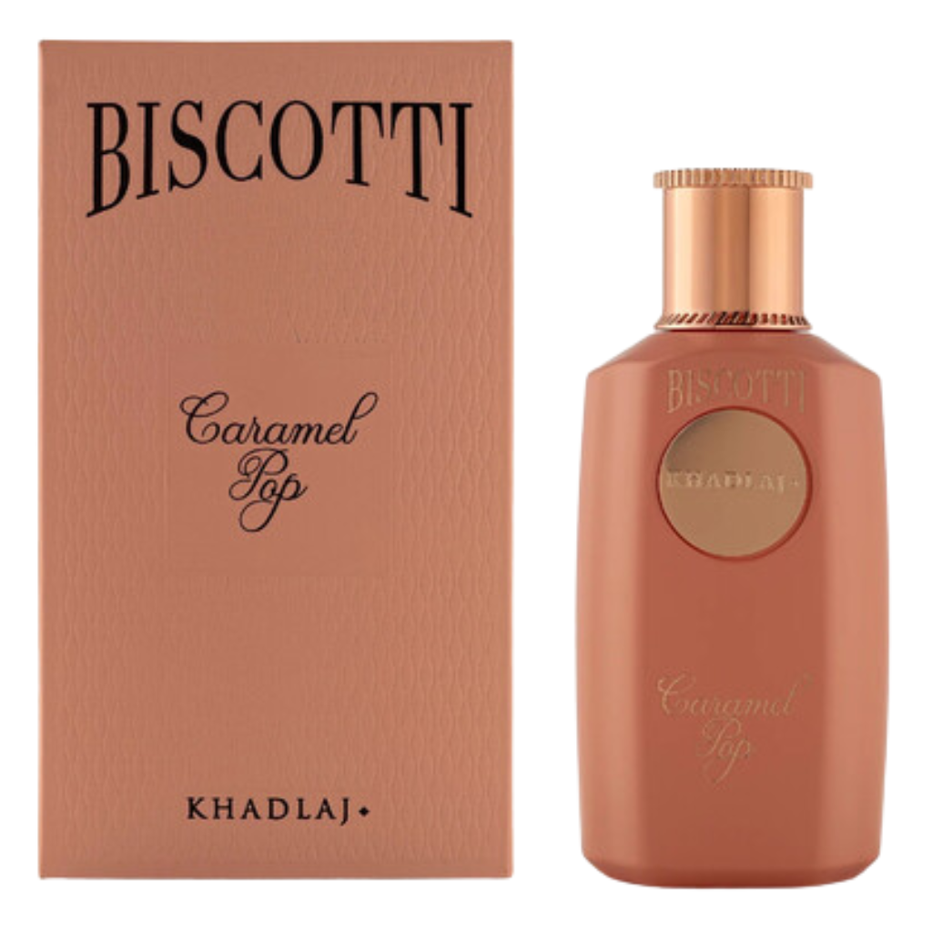 Biscotti Caramel Pop Extrait de Parfum bottle and packaging in warm caramel tones with elegant gold accents