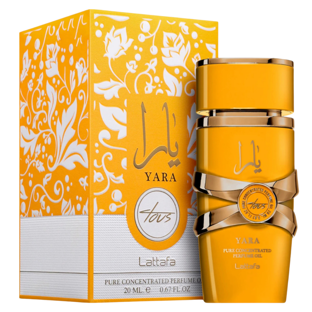 Yara Tous Oil perfume bottle and box in yellow with gold accents, niche fragrance decant for travel or gift purposes