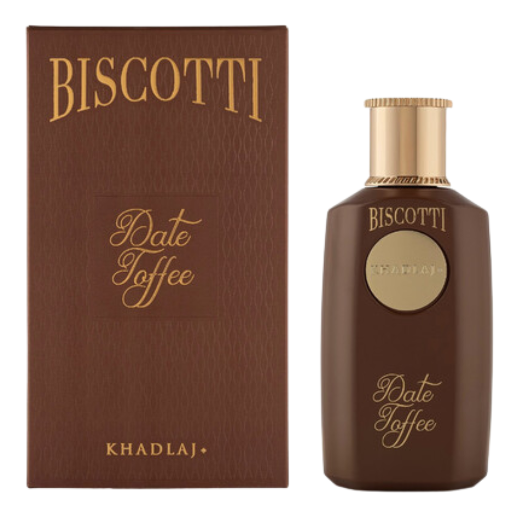 Biscotti Date Toffee Extrait de Parfum brown bottle with gold cap and matching box packaging