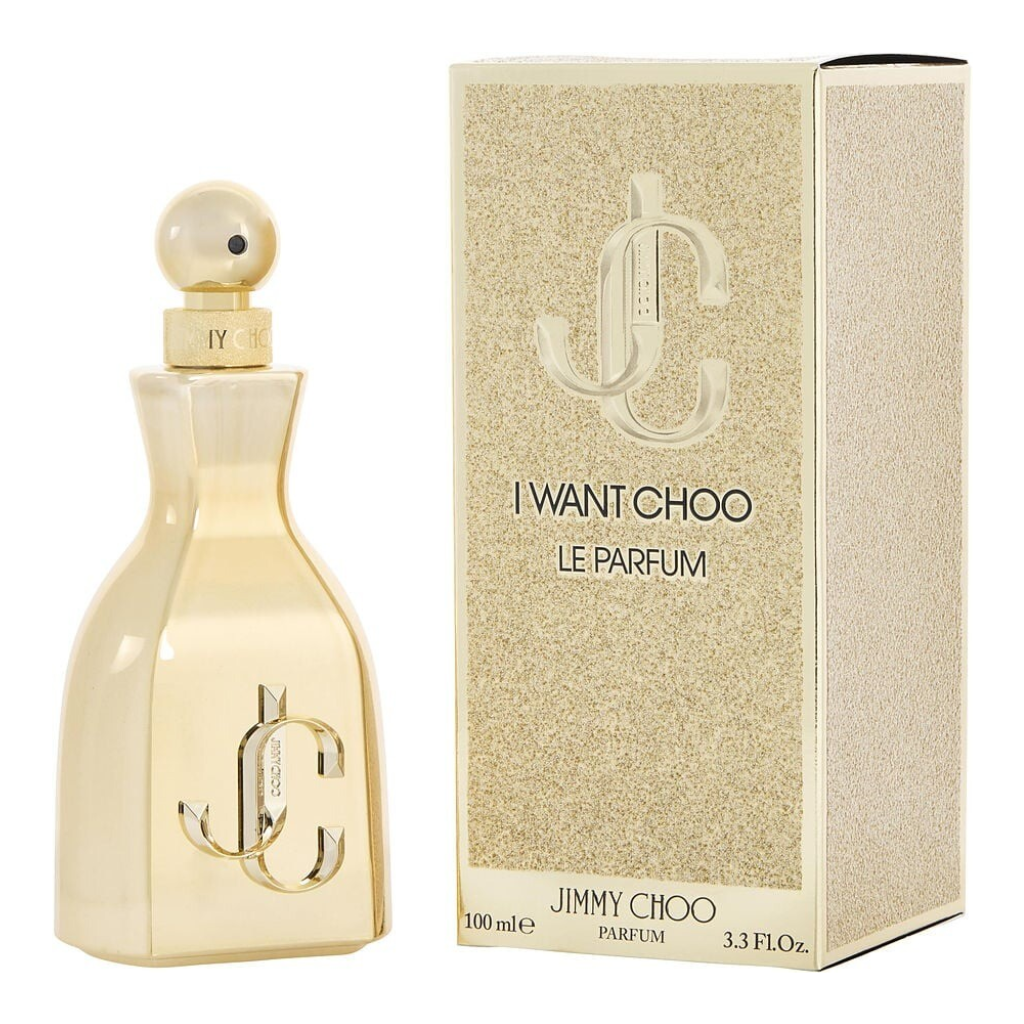 I Want Choo Le Parfum bottle and textured gold box packaging for authentic designer perfume collection
