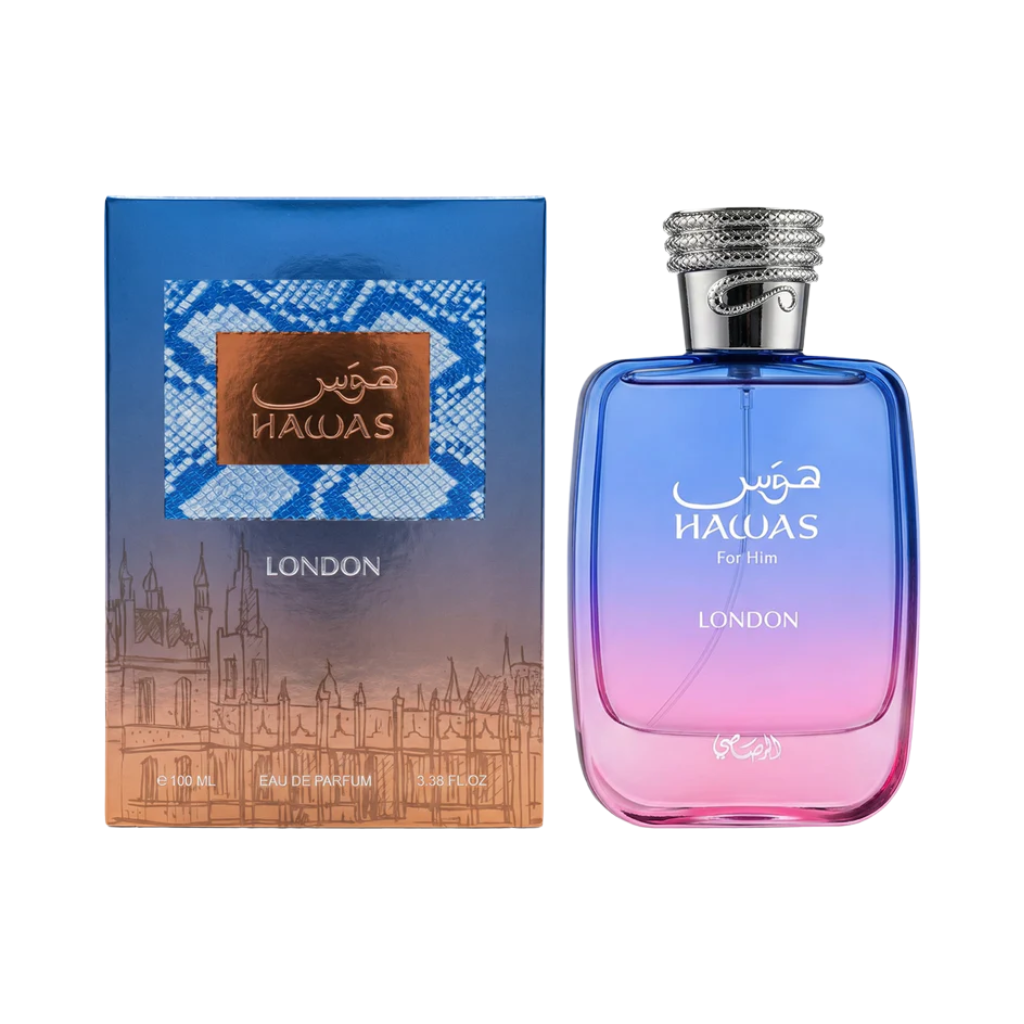 Hawas London EDP bottle and packaging with blue and pink gradient design and silver cap for men fragrance