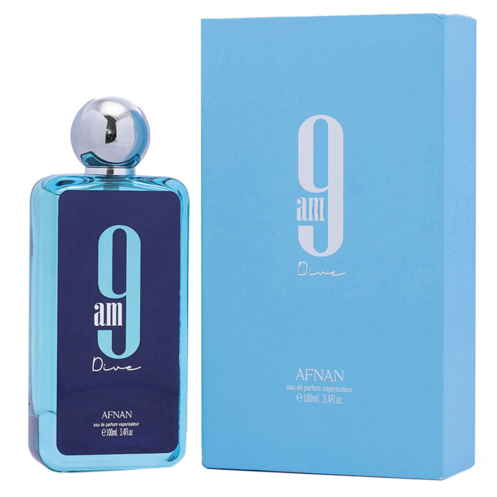 9am Dive EDP blue bottle and matching box, elegant design, 100ml luxury fragrance packaging