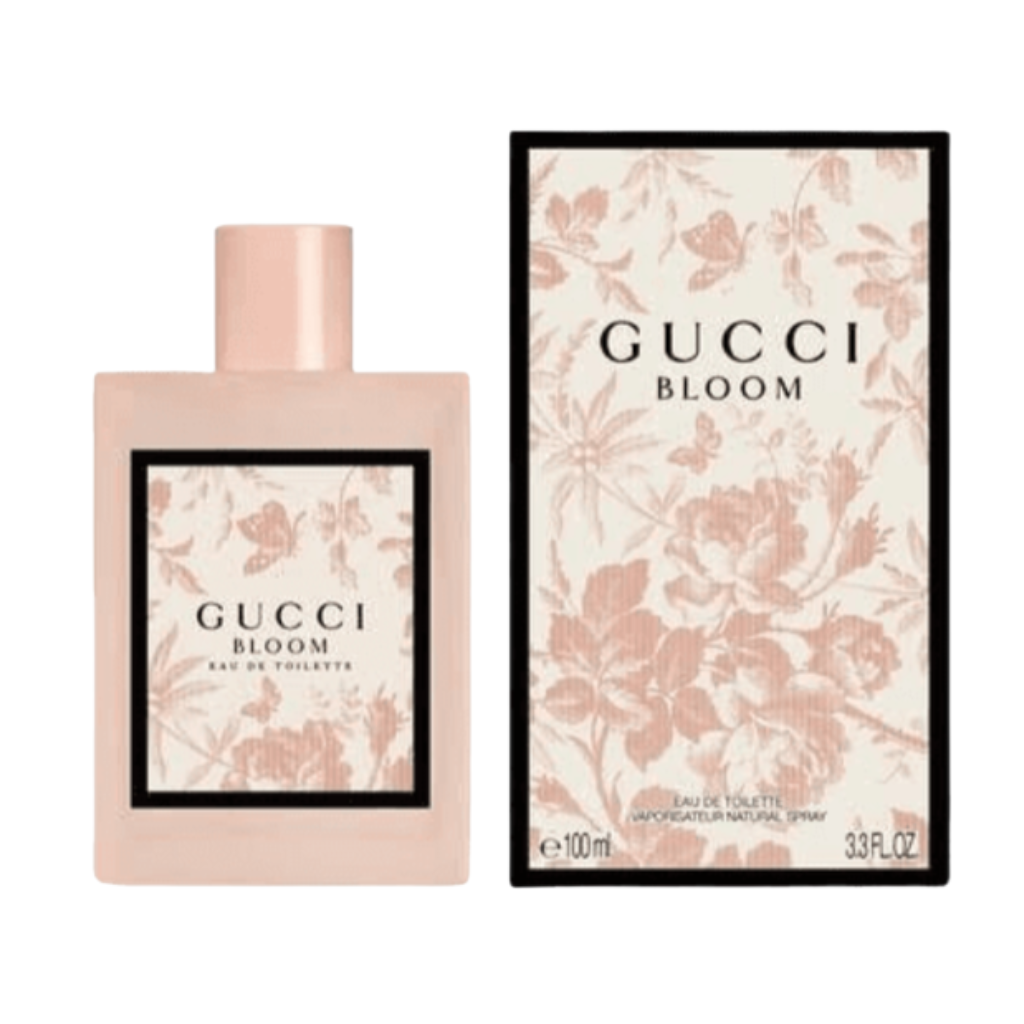 Gucci Bloom perfume bottle and box with floral design, highlighting Bloom EDT fragrance for elegant scent experience