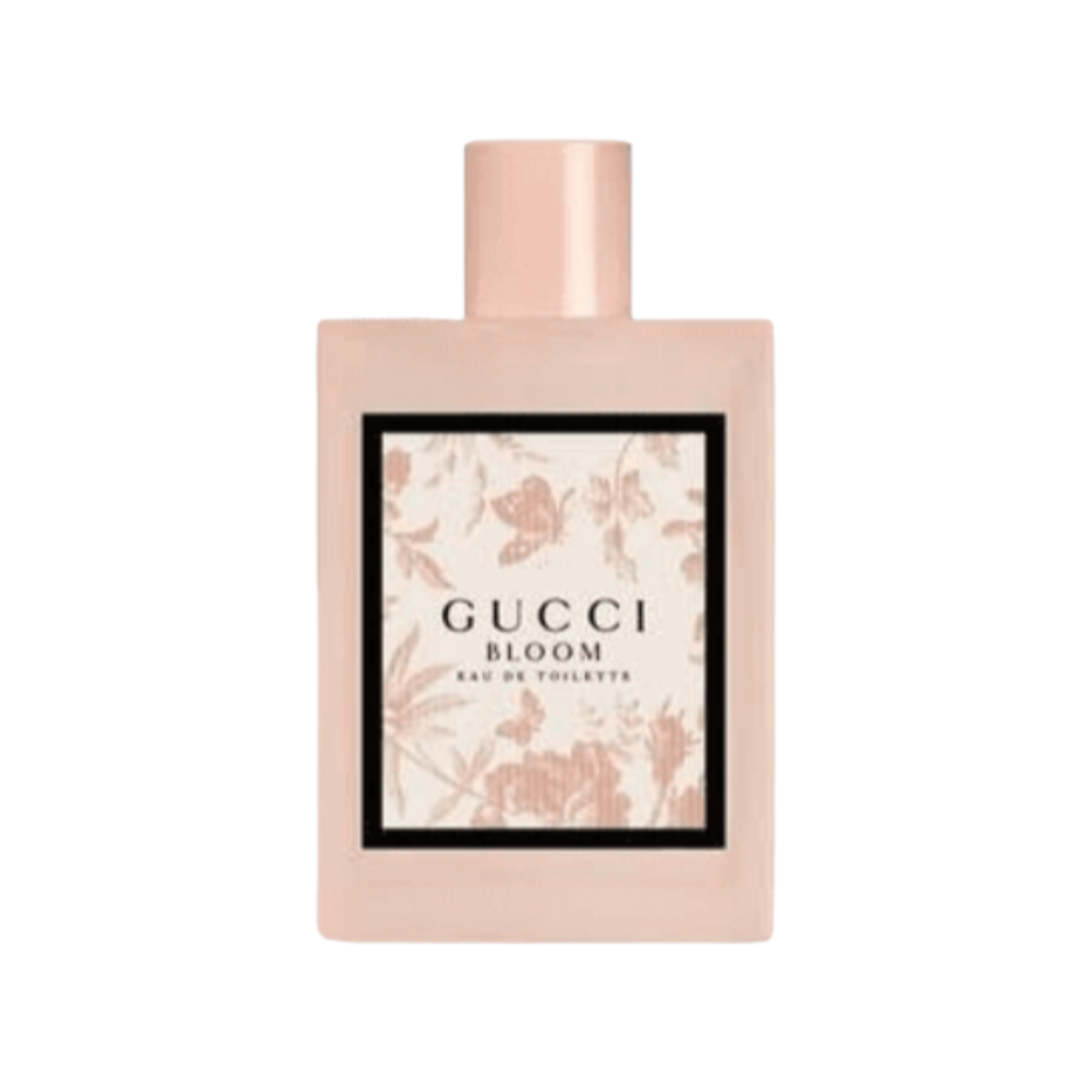 Elegant pink bottle of Bloom EDT fragrance with floral design on label for an authentic perfume experience