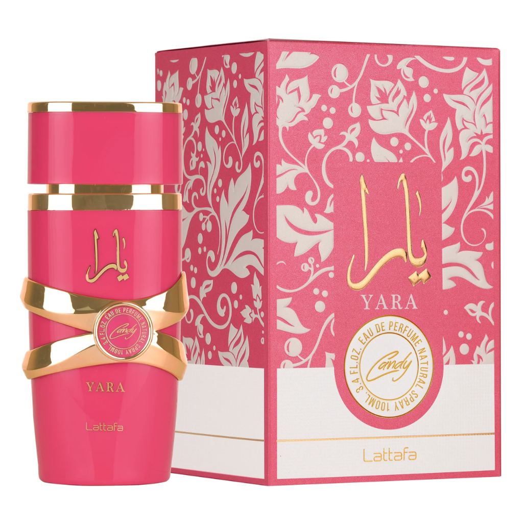 Pink and gold luxurious perfume bottle and box packaging of Yara Candy EDP by Lattafa with floral design accents