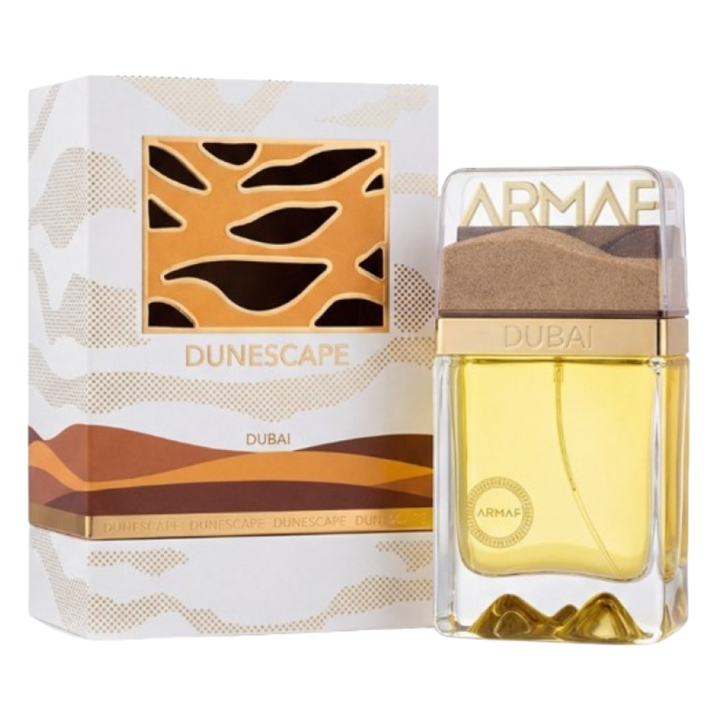 Dunescape Extrait de Parfum bottle with golden sand design and matching decorative box by Armaf Dubai luxury fragrance.