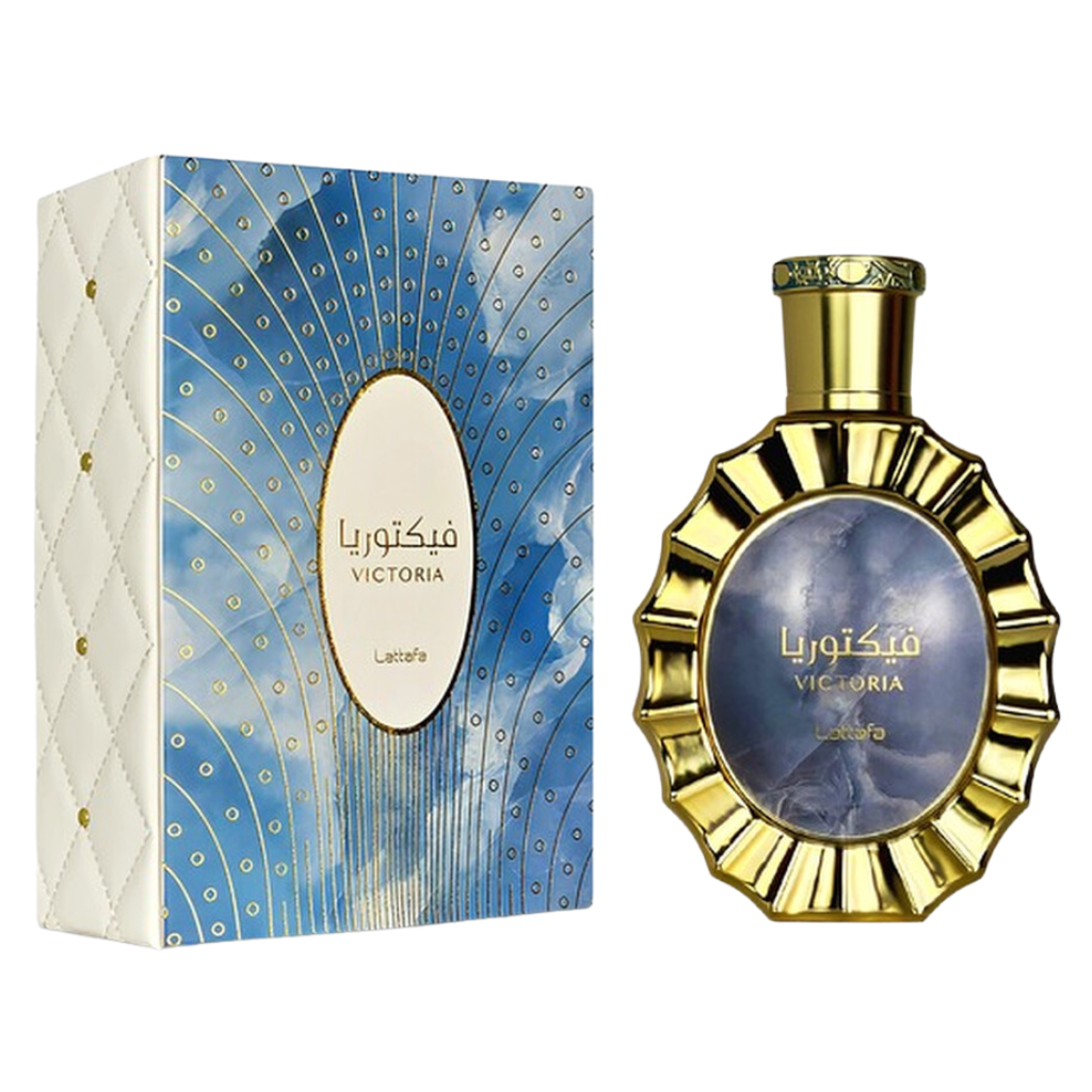 Victoria EDP perfume bottle with ornate gold design next to a blue and white decorative box packaging