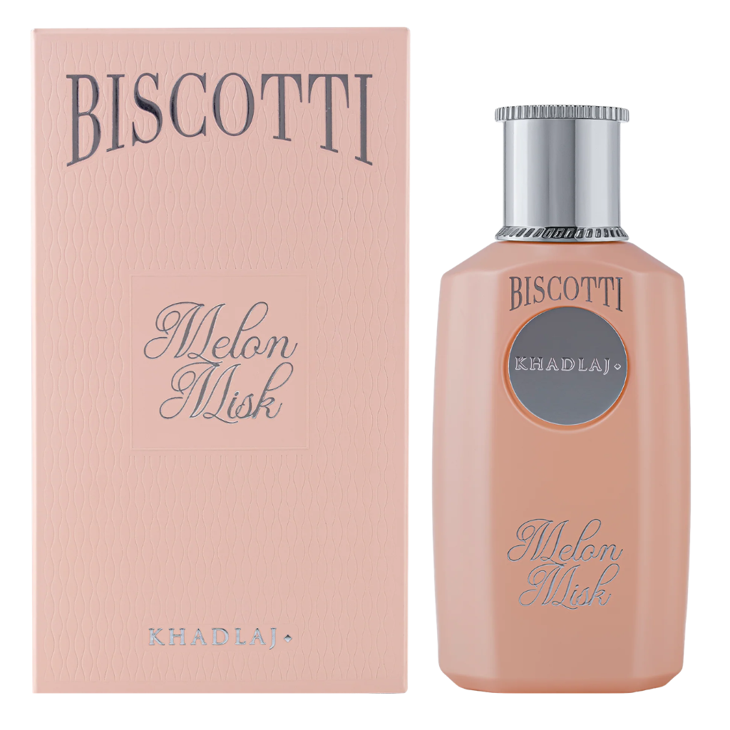 Biscotti Melon Misk Extrait de Parfum bottle and matching box in soft peach color with silver accents and text