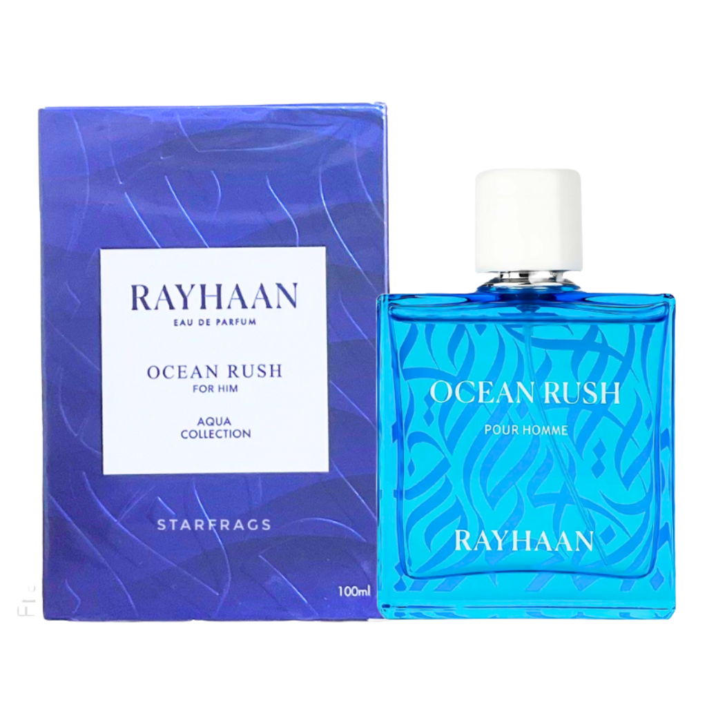 Rayhaan Ocean Rush EDP blue glass bottle with white cap next to matching dark blue box with aqua design details