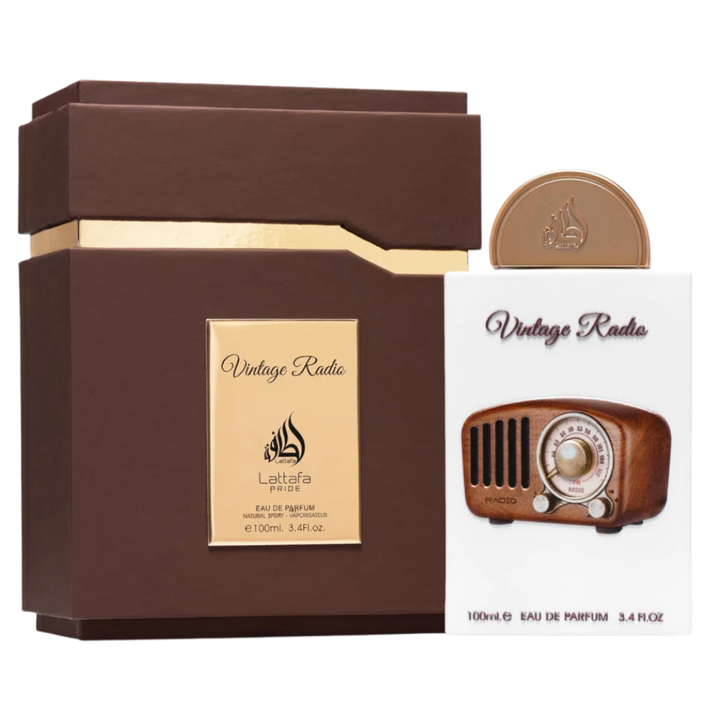Pride Vintage Radio EDP with vintage radio design bottle and elegant brown and gold packaging for fragrance decants.
