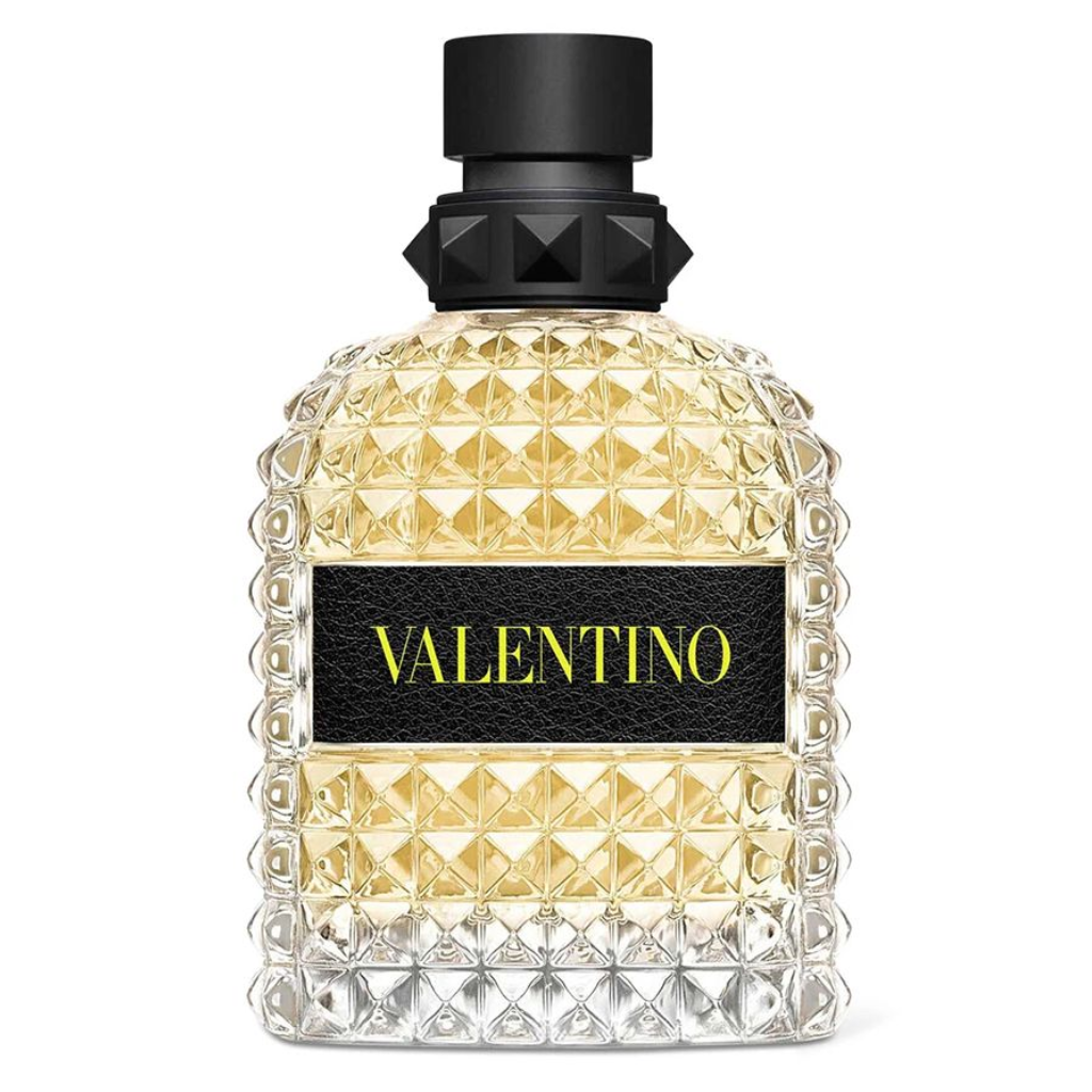 Uomo Born In Roma Yellow Dream EDT perfume bottle with textured glass and black cap by Valentino