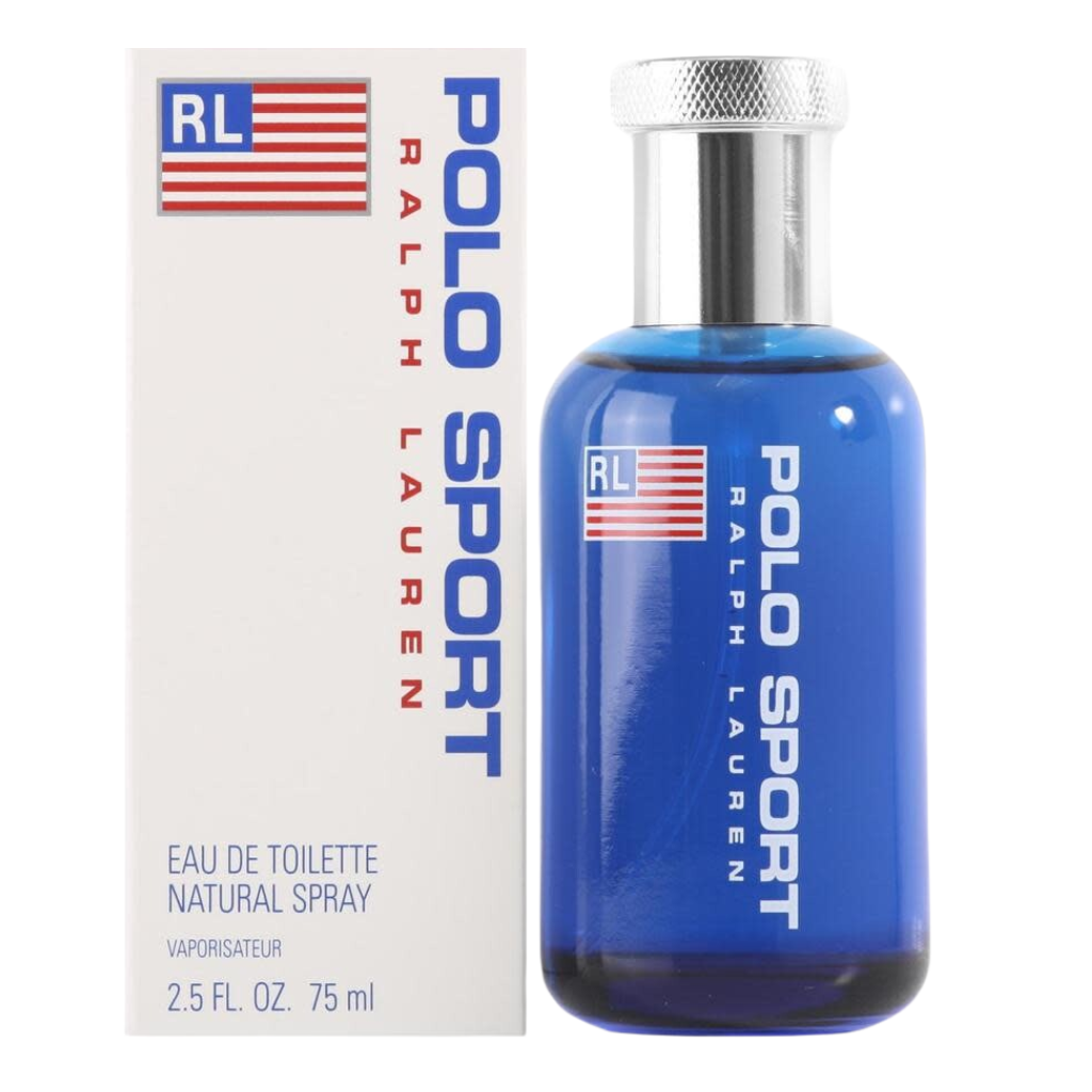 Polo Sport EDT blue glass bottle with silver cap beside white box featuring red and blue branding text
