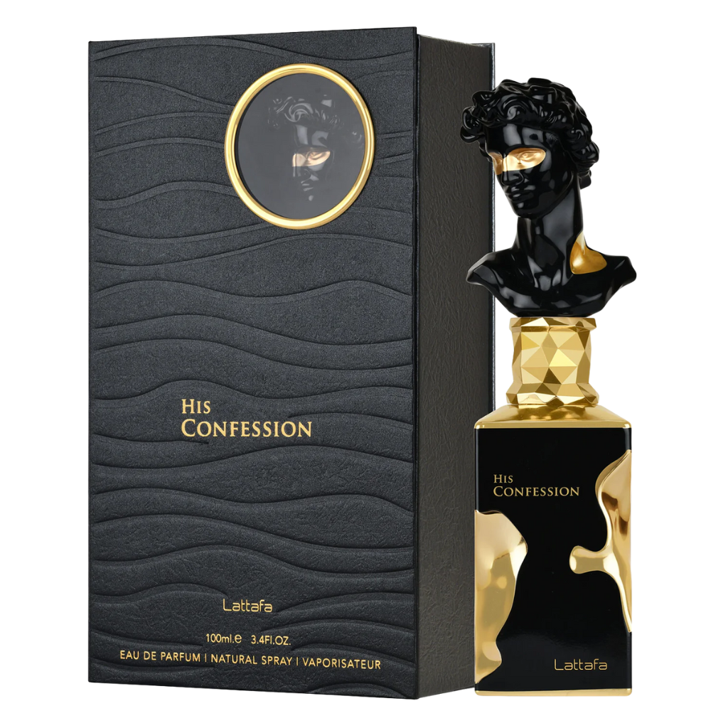 Luxurious His Confession EDP perfume with black and gold sculpted bottle beside elegant textured black box packaging.