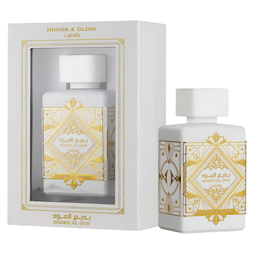 White and gold ornate perfume bottle and box of Bade'e Al Oud Honor & Glory EDP conveying luxury niche fragrance decants.