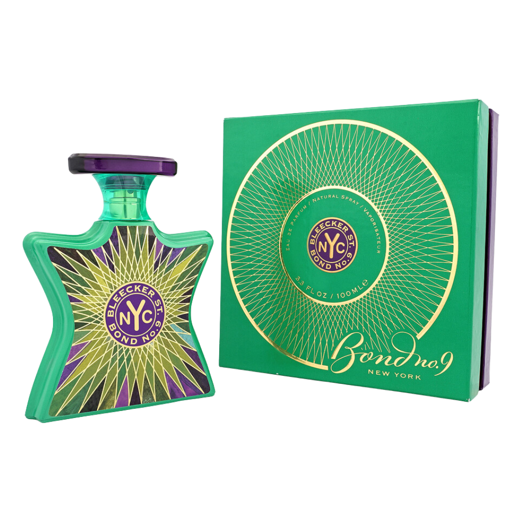 Green and purple star-shaped perfume bottle with matching decorative box for Bleecker Street by EDP fragrance.