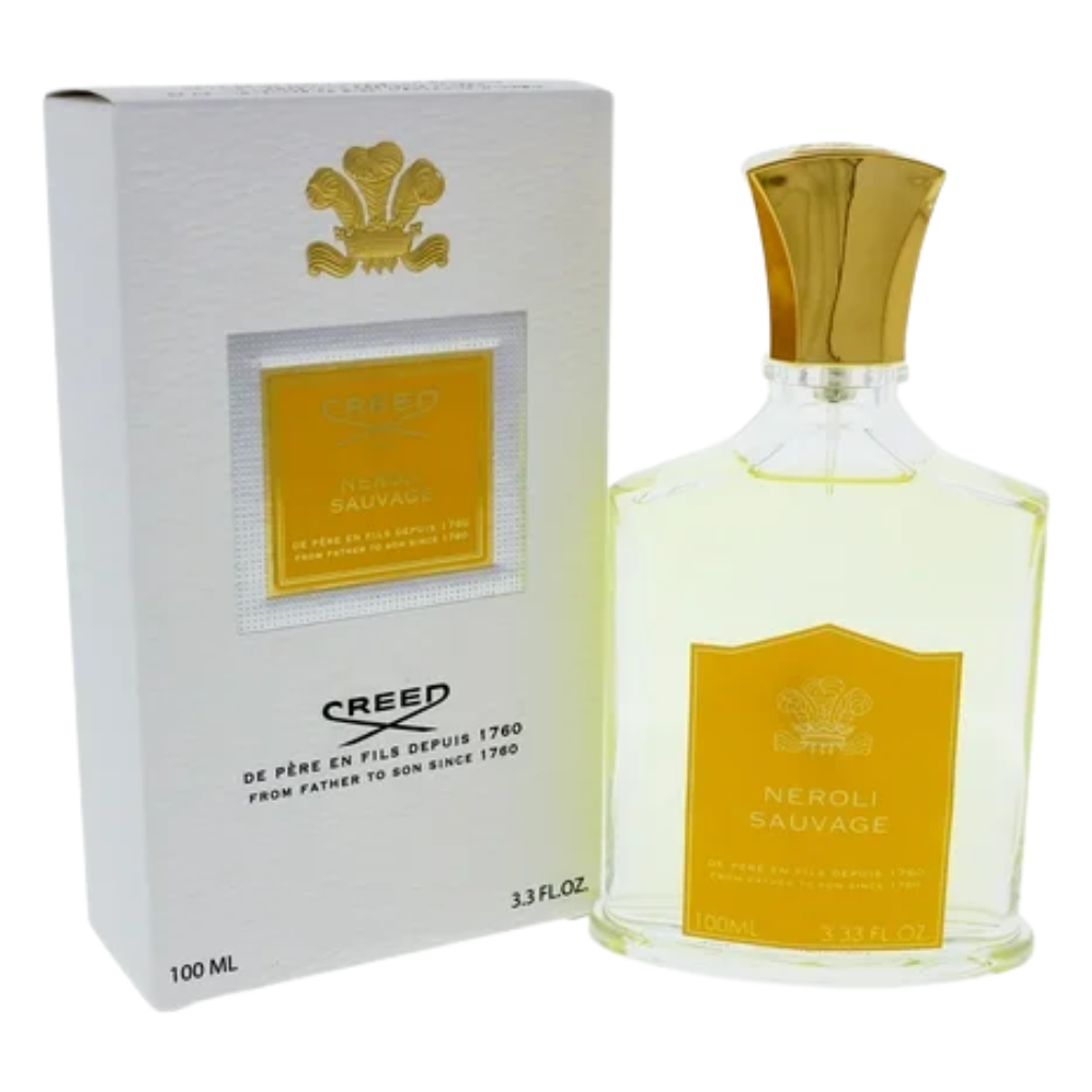 Neroli Sauvage EDP perfume bottle with gold cap beside white and gold branded packaging box