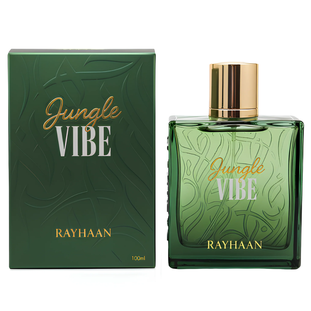 Jungle Vibe EDP in green glass bottle with gold cap beside matching green box, luxury niche fragrance packaging design