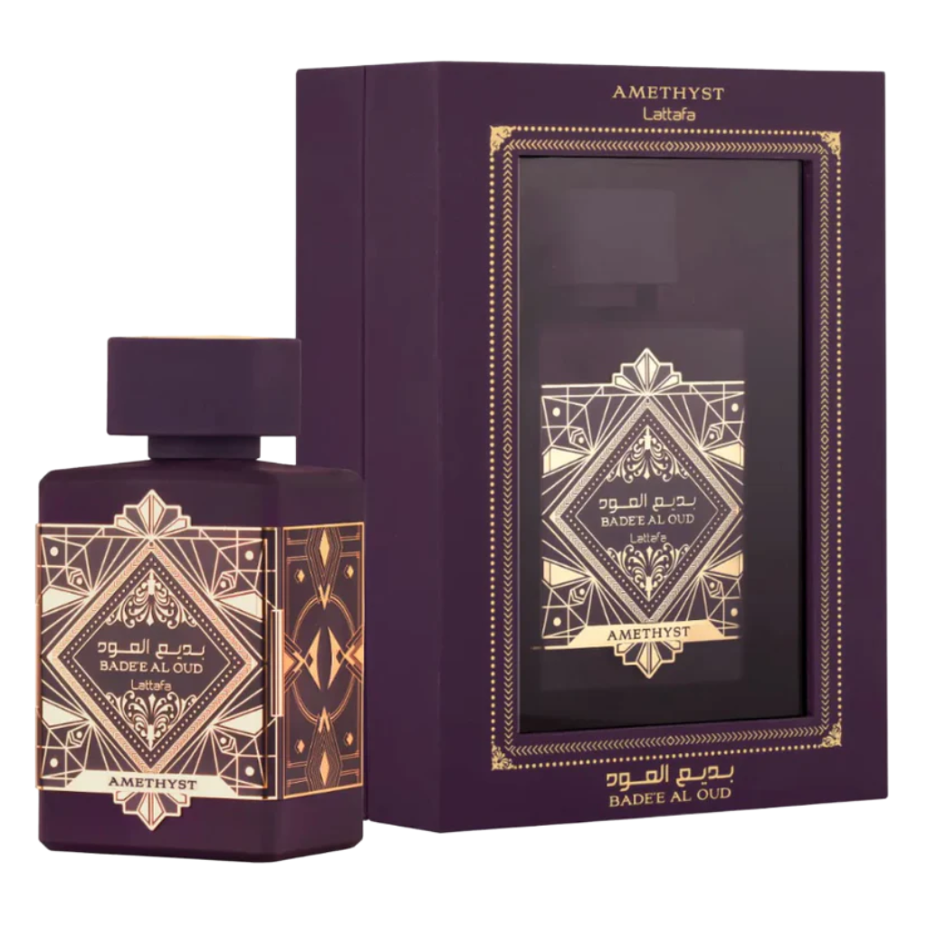 Bade'e Al Oud Amethyst EDP bottle and box with purple and gold ornate design for niche fragrance decants