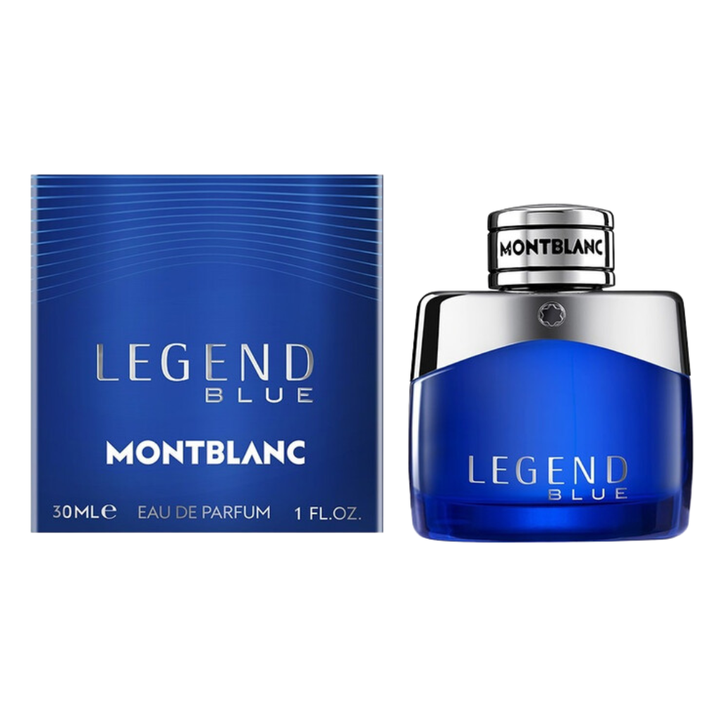 Montblanc Legend Blue EDP perfume bottle and box in blue with silver accents for a refined fragrance experience