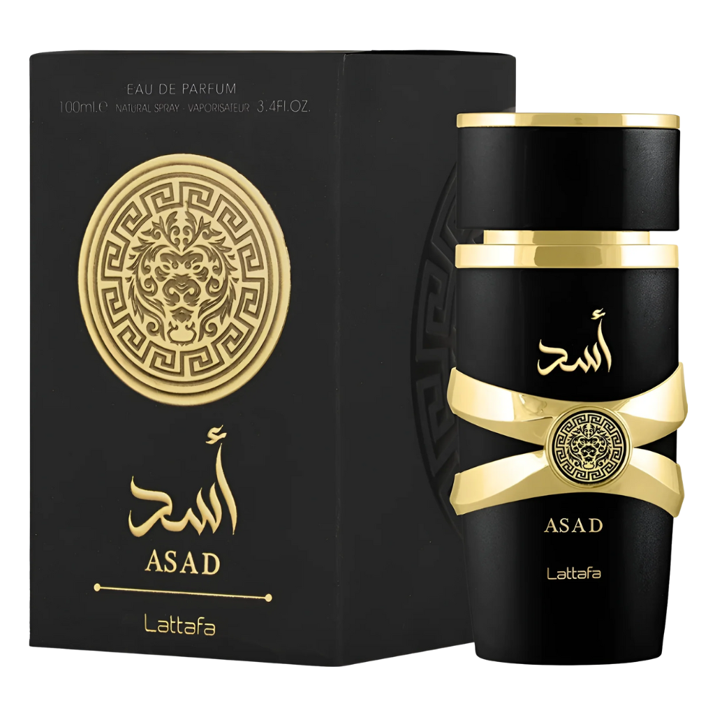 Elegant black and gold bottle and box of Asad EDP luxury fragrance by Lattafa with intricate gold emblem design