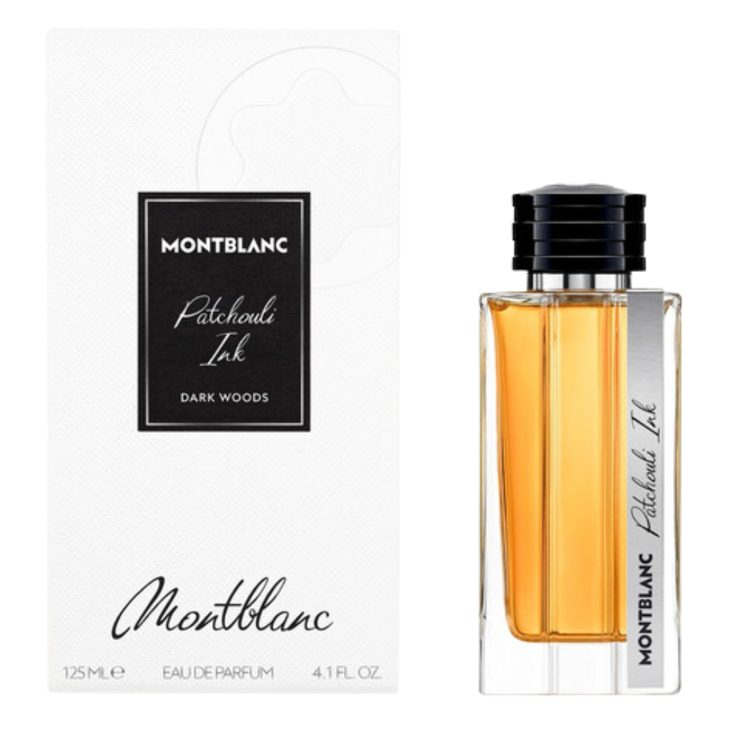 Montblanc Patchouli Ink EDP perfume bottle with amber liquid and white box packaging displaying elegant branding