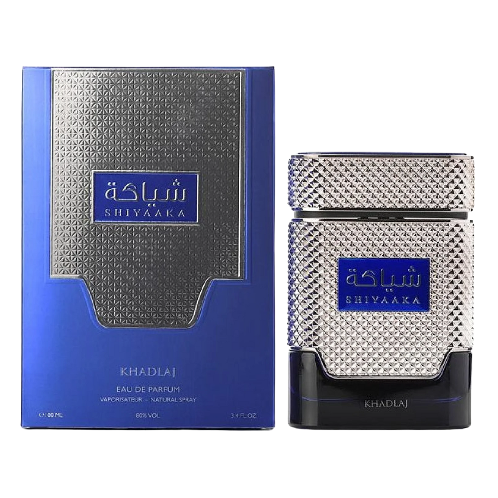 Shiyaaka Blue EDP perfume bottle and matching blue and silver textured box with brand name on front