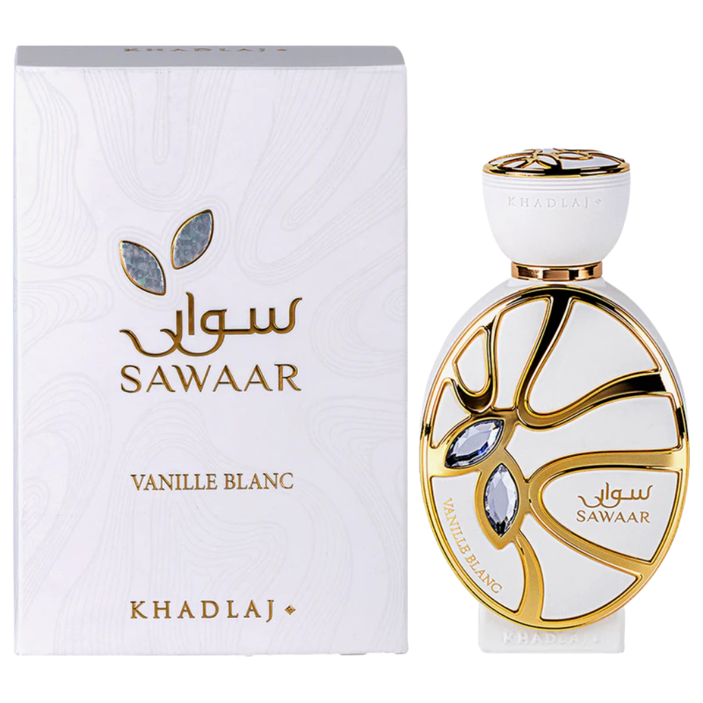 Sawaar Vanille Blanc Extrait de Parfum bottle with white and gold design next to matching branded packaging box.