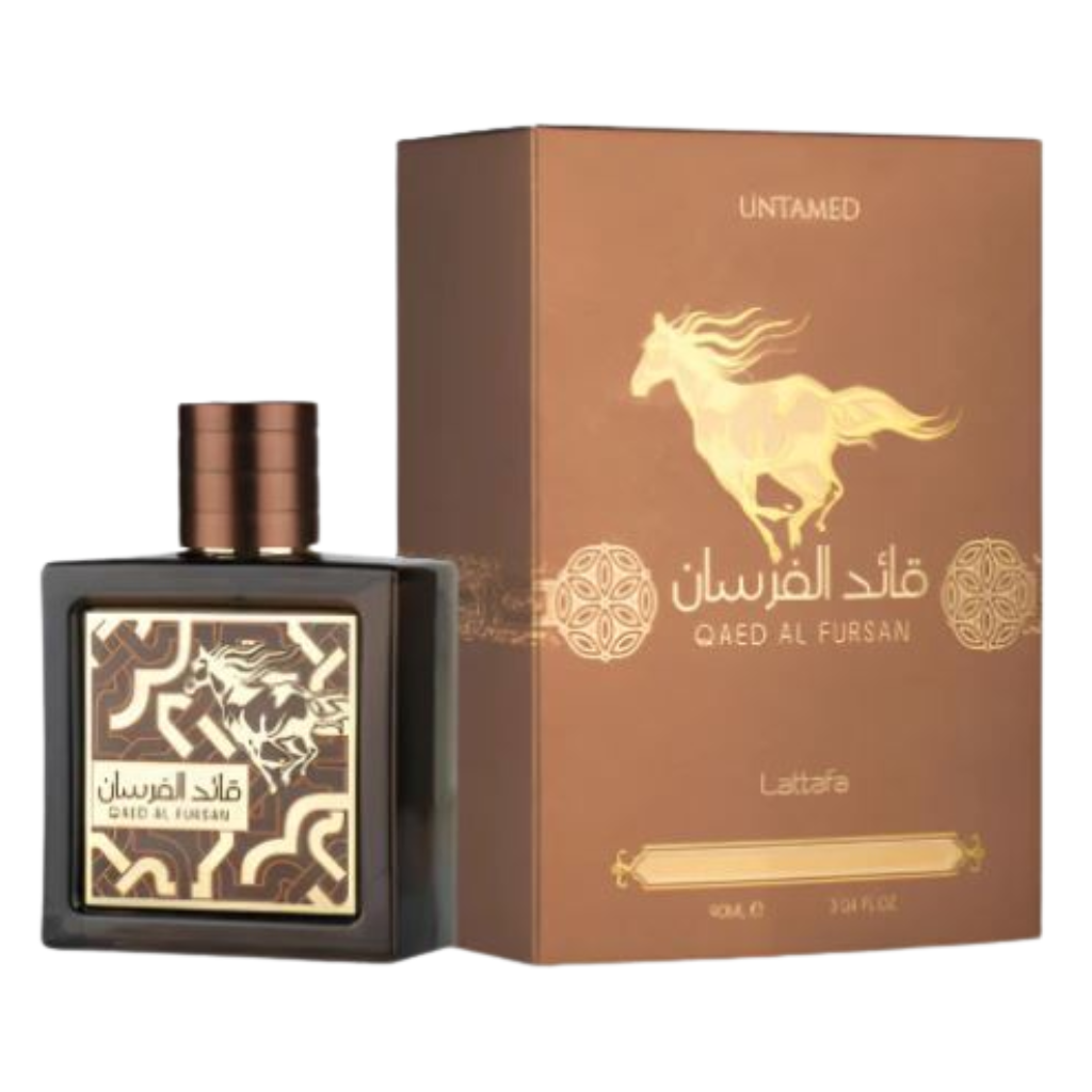 Perfume bottle and packaging featuring a horse design for Qaed Al Fursan Untamed EDP fragrance by Lattafa