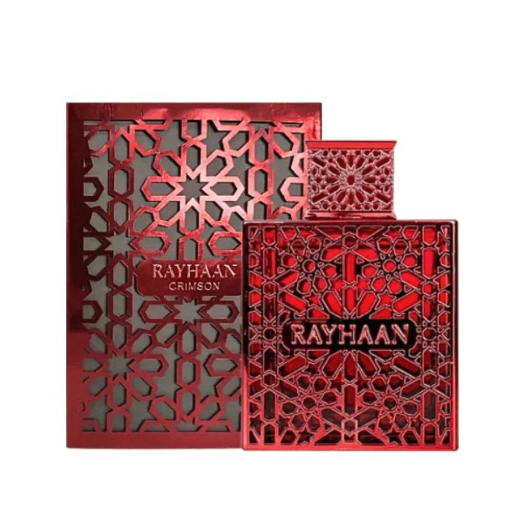 Luxury red perfume bottle and box featuring intricate geometric design for Crimson EDP fragrance.