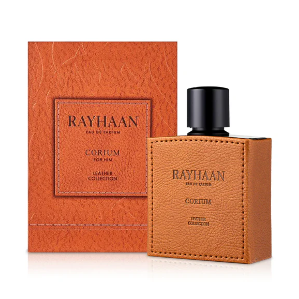 Corium EDP fragrance bottle and packaging in tan leather-style design from the Rayhaan Leather Collection