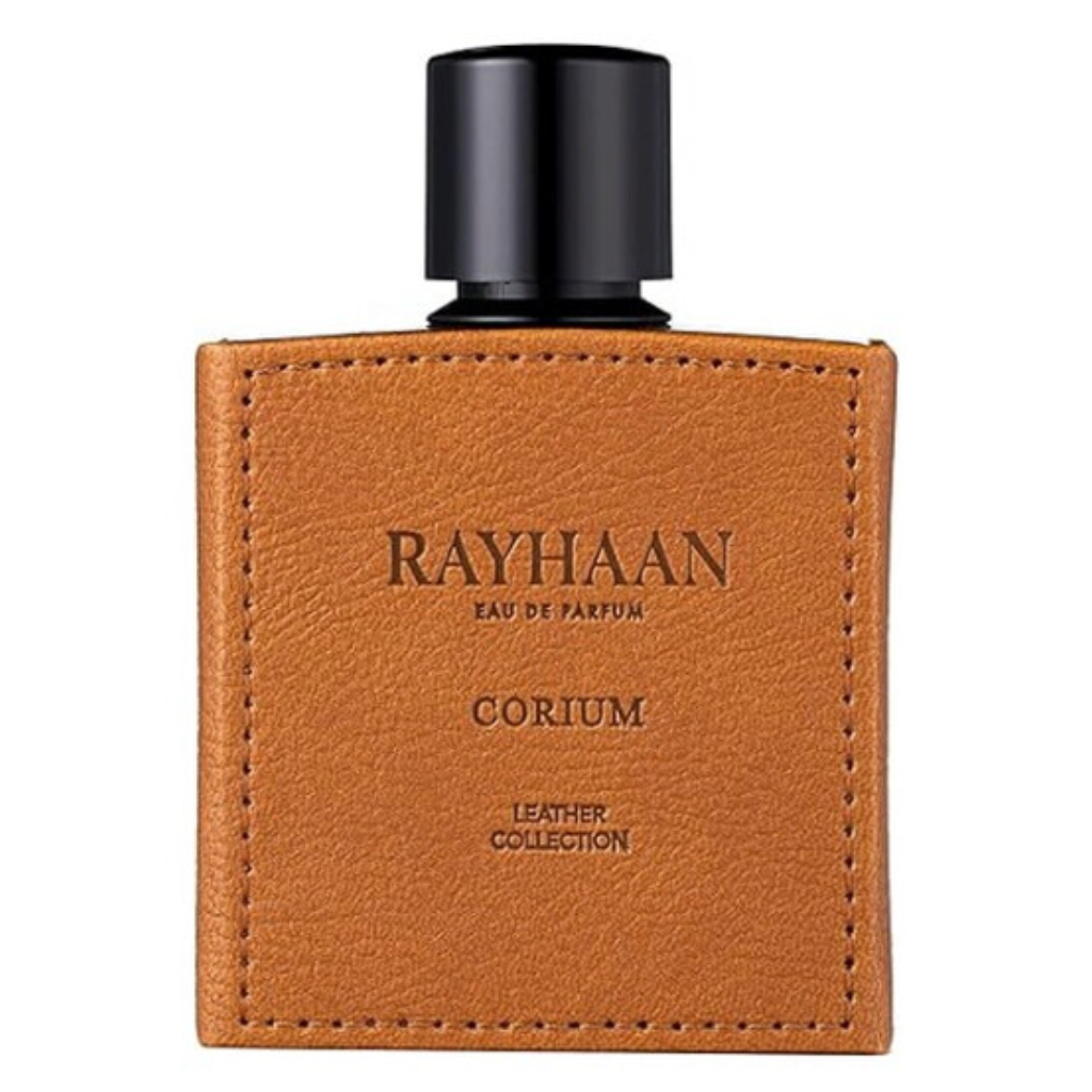 Corium EDP perfume bottle with brown leather texture and black cap from the Rayhaan Leather Collection
