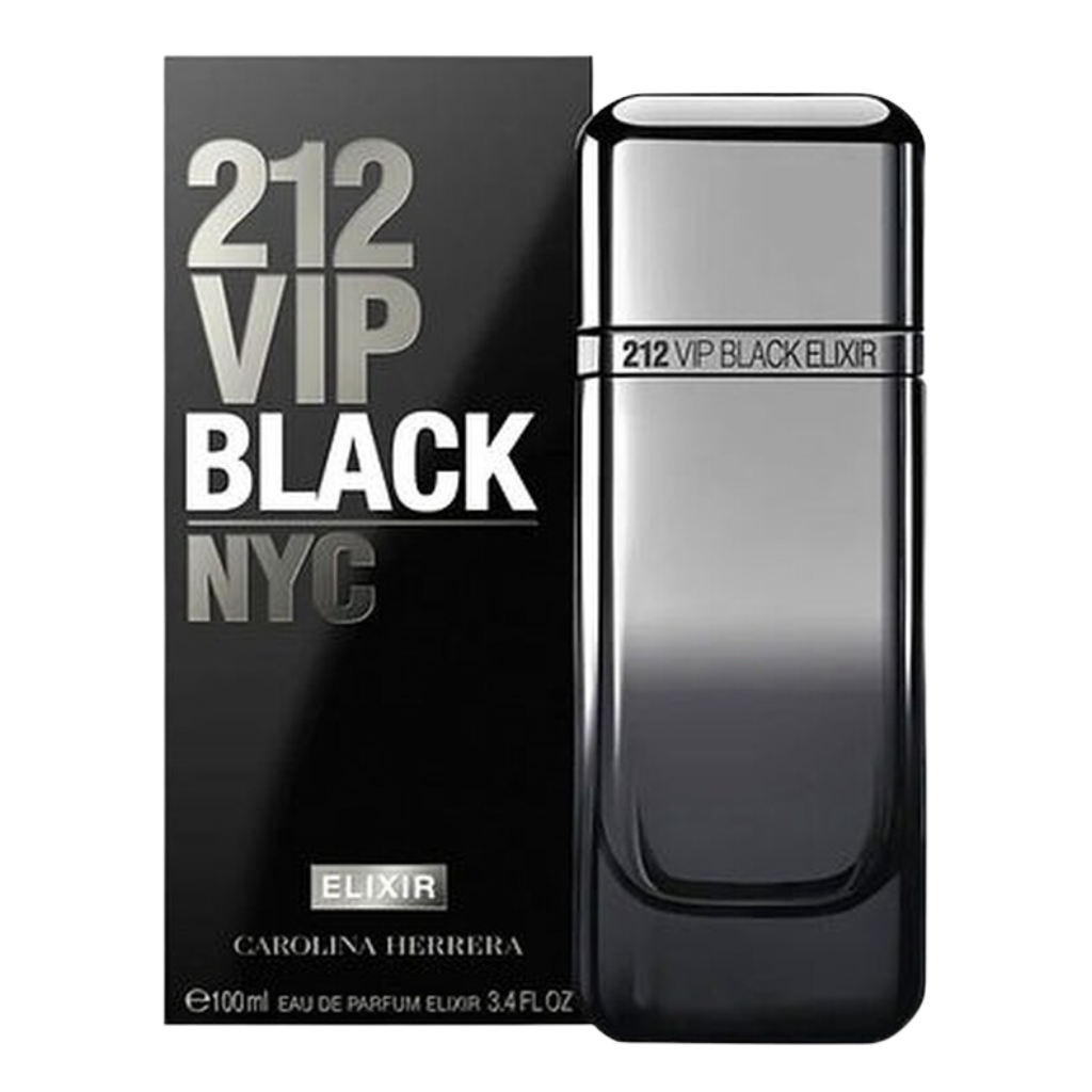 212 VIP Black Elixir EDP perfume bottle and black box with elegant silver and white lettering design