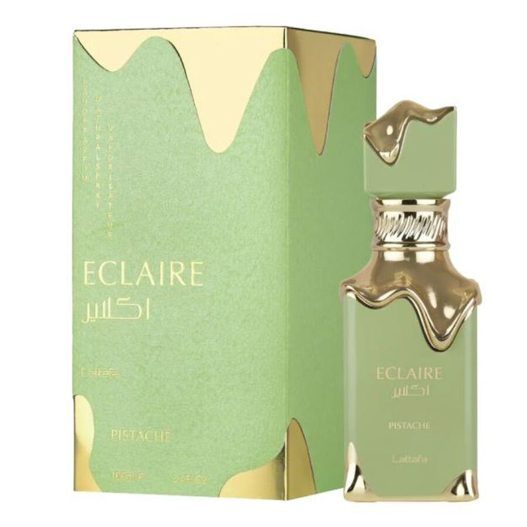 Eclaire Pistache EDP bottle and packaging in green and gold, luxury fragrance decant for men and women