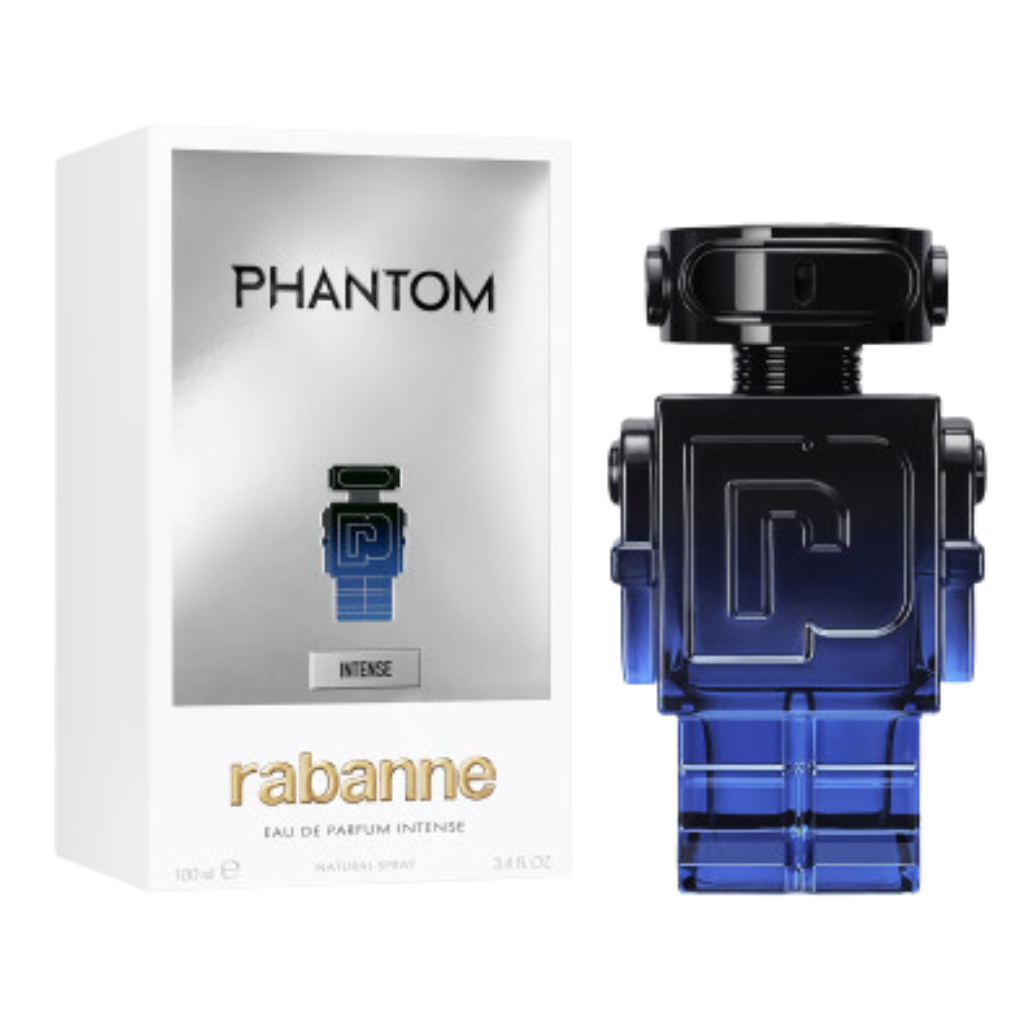 Phantom Intense EDP in a blue robot-shaped bottle next to silver and white luxury packaging box