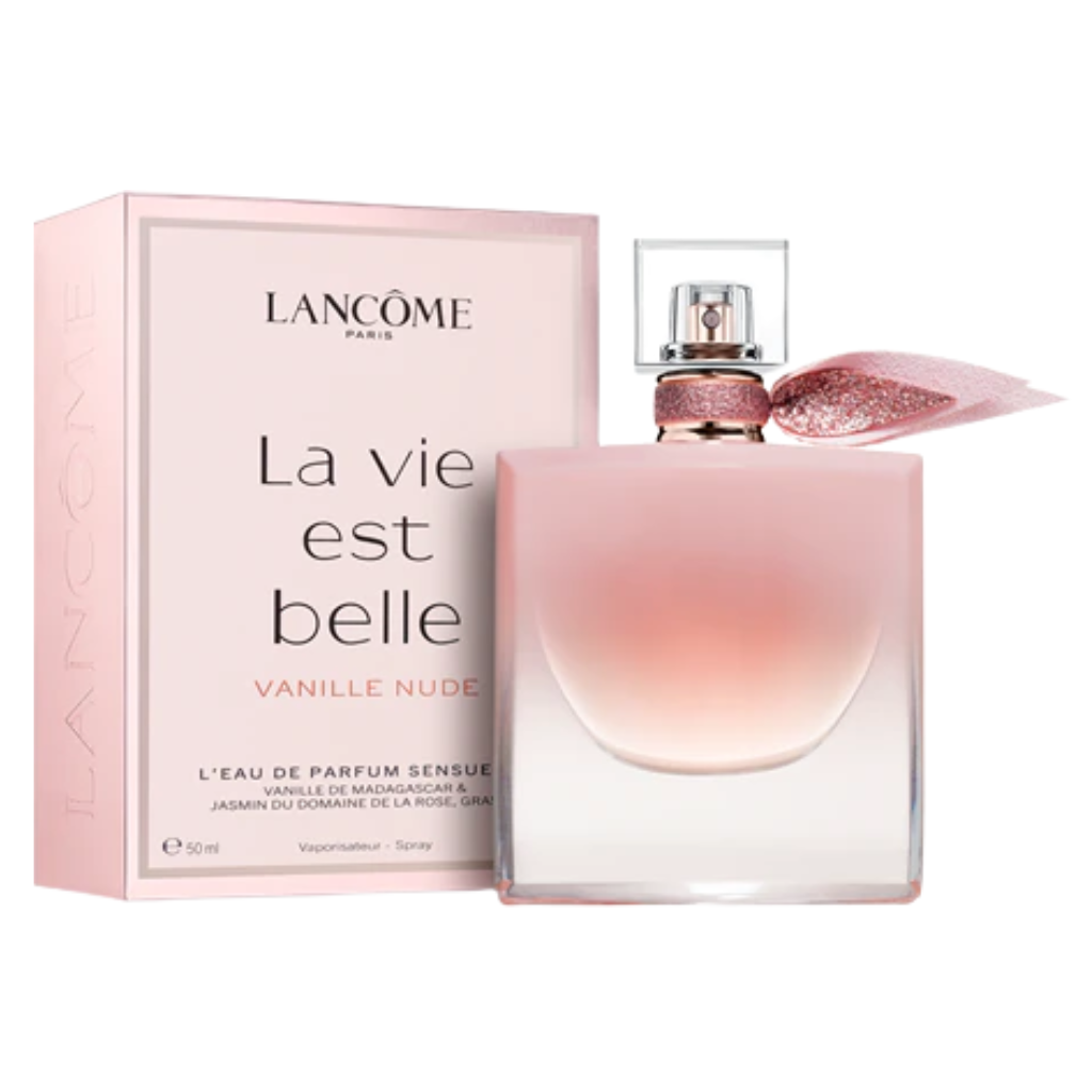 La Vie Est Belle Vanille Nude EDP perfume bottle with pink gradient and matching box beside it, elegant design