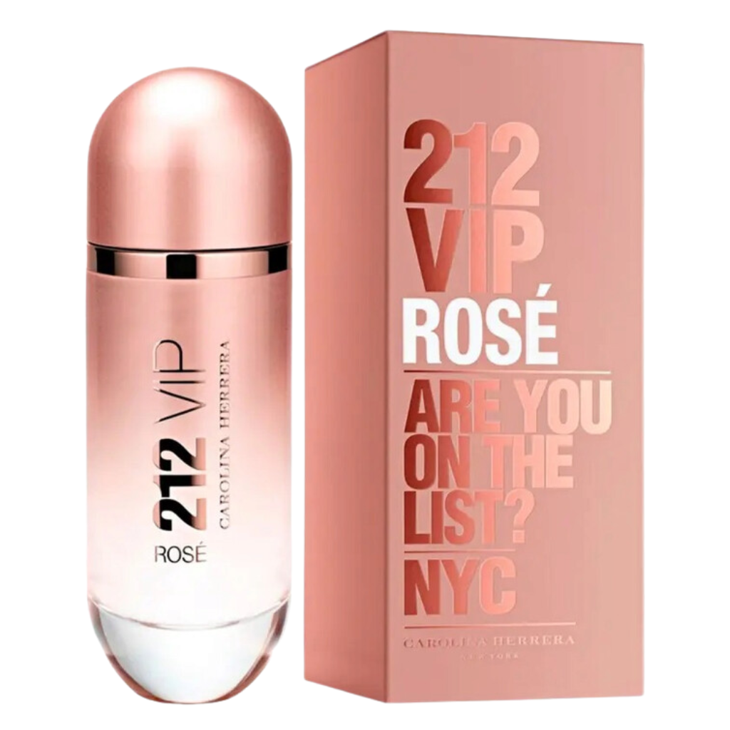 212 VIP Rose EDP perfume bottle and matching rose gold packaging with bold modern text design
