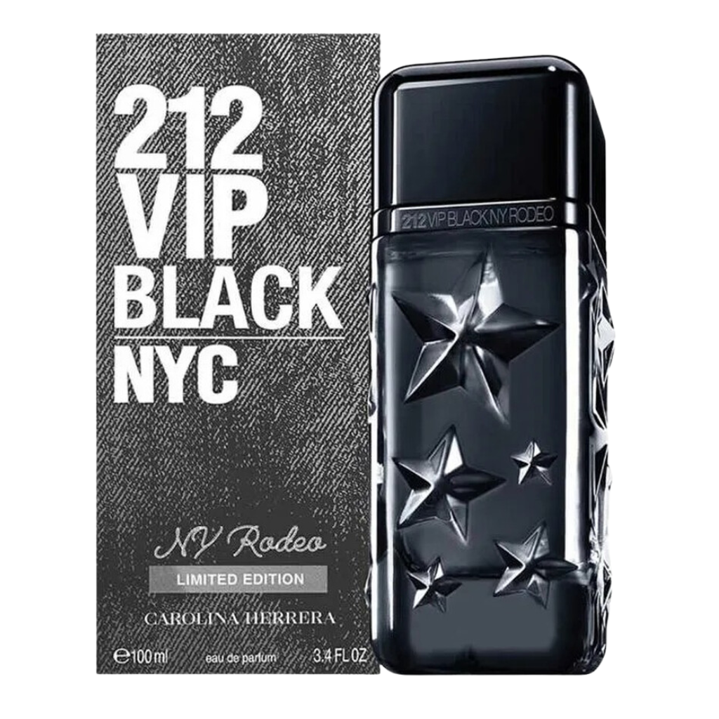 212 VIP Black NY Rodeo EDP (Limited Edition) in sleek black bottle with embossed star design and matching packaging.
